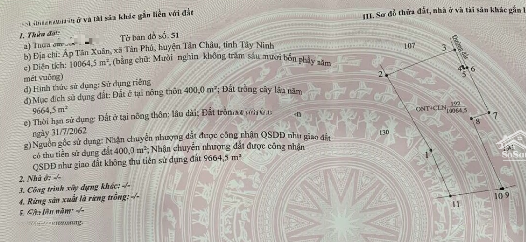 Bán Hơn 1Ha Đất Tân Châu Tây Ninh Có 400M2 Thổ Cư Giá Bán 3,5 Tỷ Sổ Hồng Riêng Công Chứng Ngay