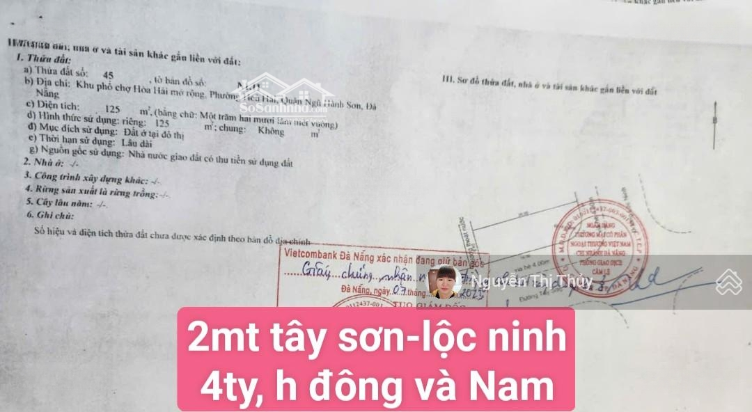 4 Tỷ! Bán Lô Góc 2Mt Tây Sơn-Kinh Doanh Đa Ngành Nghề-Cách Chợ Non Nước 300M-Ngũ Hành Sơn.