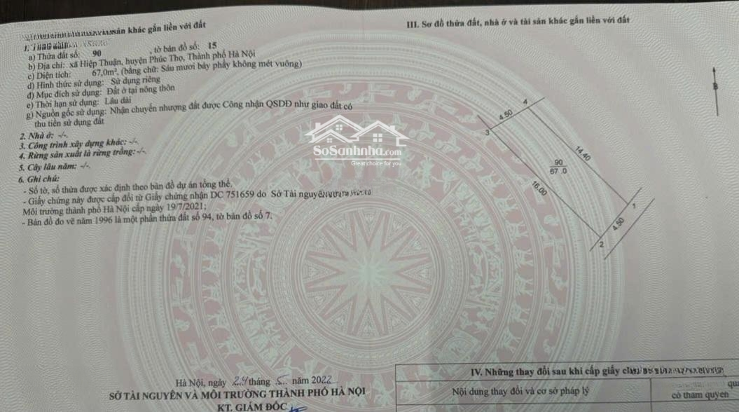 Bán Đất 67M2 Tại Đường 421, Xã Hiệp Thuận, Phúc Thọ, Hà Nội, Giá Thỏa Thuận