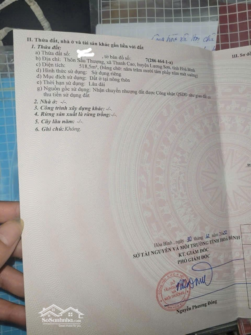 Cần Bán Siêu Phẩm Nghỉ Dưỡng Dtich 518M2 Full Thổ Cư Tại Thanh Cao - Lương Sơn - Hoà Bình