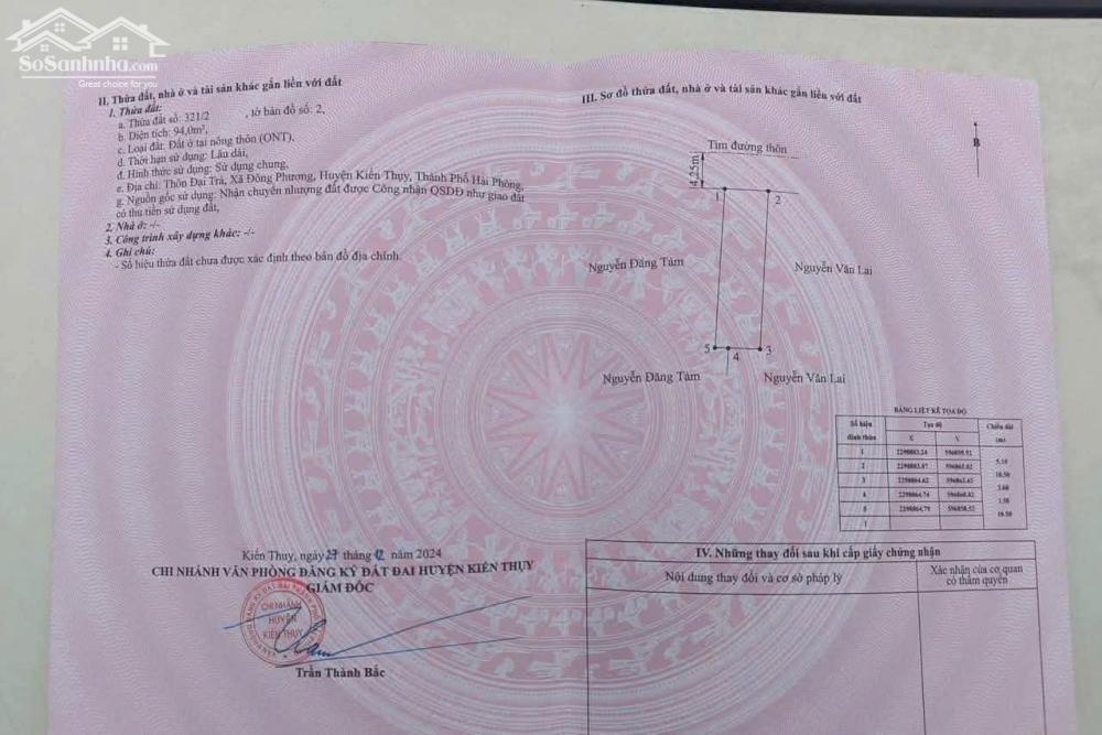 Bán lô đất 94m2 ngang 5m đường thôn Đại Trà Đông Phương Kiến Thụy giá 1,86 tỷ