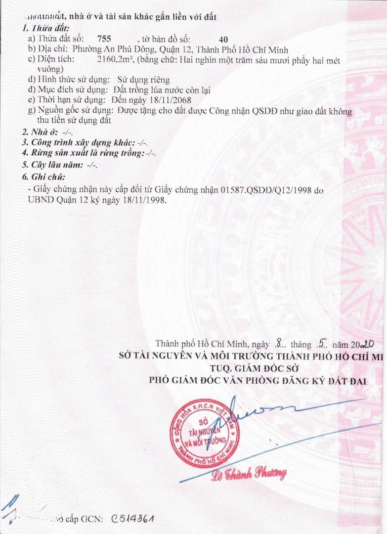 Bán Đất Giáo Dục Ngay Ủy Ban Phường An Phú Đông: Quận 12, Giá Chỉ 5 Triệu/M2. Tổng Diện Tích 1260M2