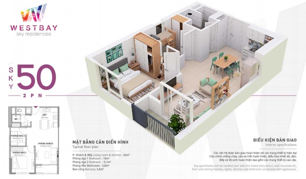 Cho thuê 2 ngủ , chung cư Westbay Ecopark - Đủ đồ cơ bản - giá 6tr5/tháng