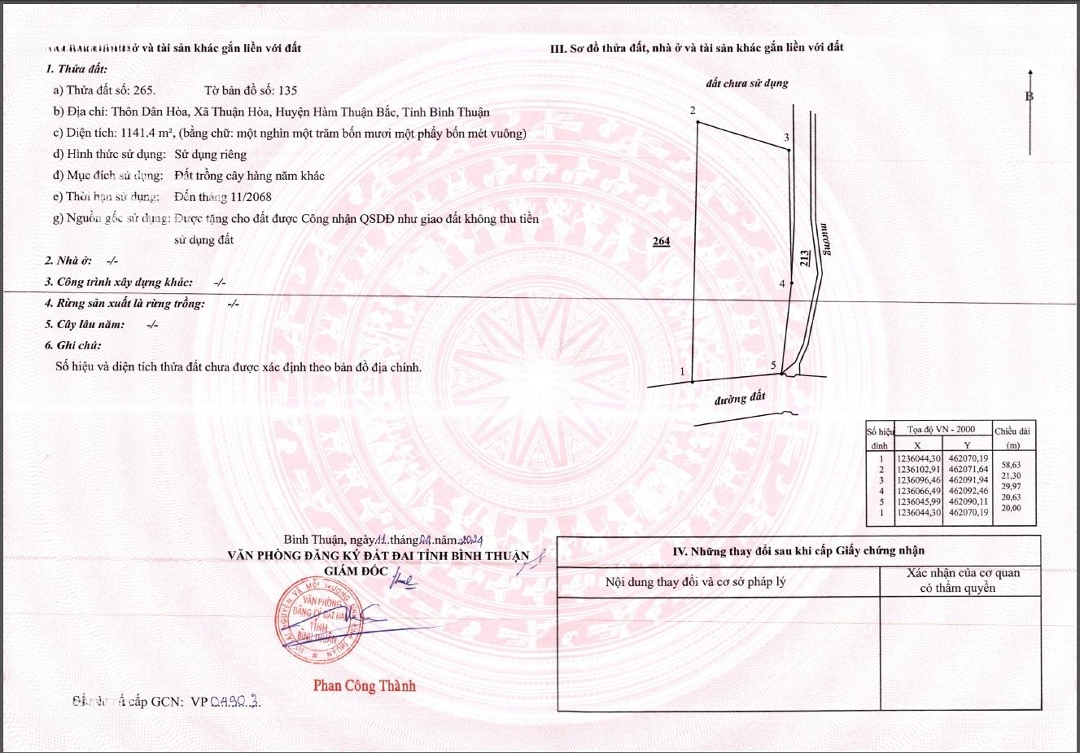 Bán 1.141M2/200M2 Thổ Cư, Mặt Tiền 20M Tại Thôn Dân Hòa, Xã Thuận Hòa, Huyện Hàm Thuận Bắc