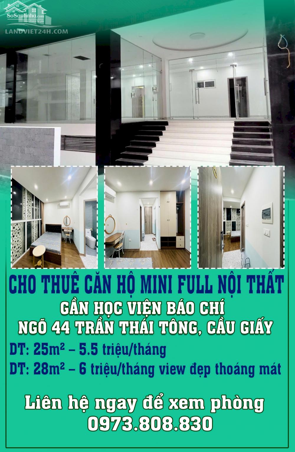 CHO THUÊ CĂN HỘ MINI FULL NỘI THẤT – GẦN HỌC VIỆN BÁO CHÍ – NGÕ 44 TRẦN THÁI TÔNG, CẦU GIẤY