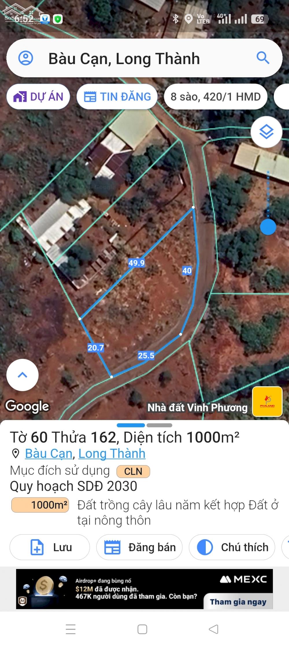 Bán đất tại Xã Bàu Cạn, Long Thành, Đồng Nai diện tích 1000m2 giá 1.8 Tỷ