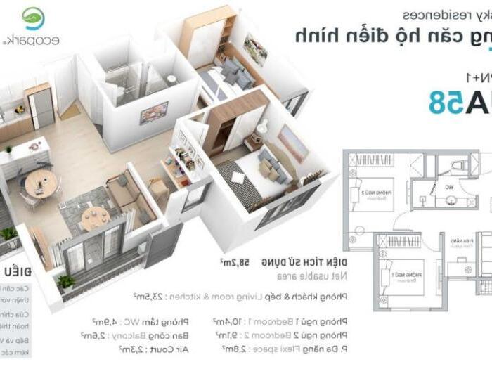 Hình ảnh Bán căn hộ 58m2 (2PN 1VS) - ban công Đông Nam - Chung cư Aquabay Ecopark - Giá 1,870 0