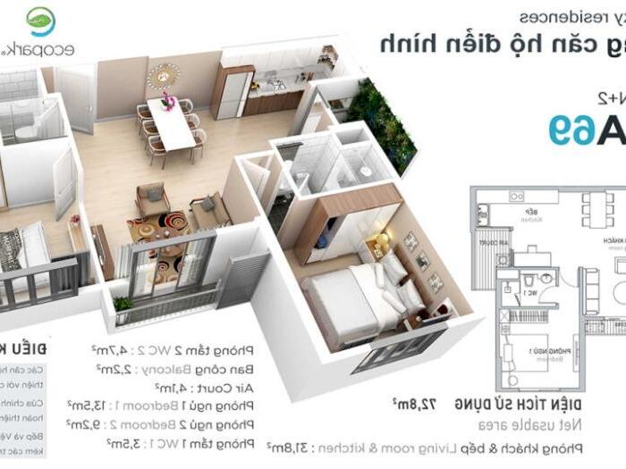 Hình ảnh Bán căn hộ 70m2 , 2 ngủ - ban công Đông Nam - Chung cư Aqua Bay Ecopark - giá 2,740 3