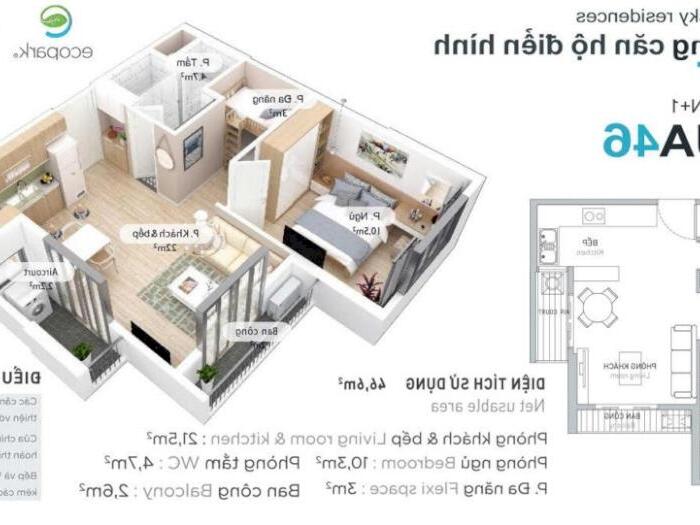 Hình ảnh Bán căn hộ 46m2 sử dụng , 1PN+1, chung cư Aqua Bay , KĐT Ecopark - giá 2,2 tỷ 0