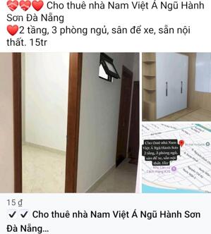 ️️️ Cho thuê nhà Nam Việt Á Ngũ Hành Sơn Đà Nẵng ️2 tầng, 3 phòng ngủ, sân để xe, sẵn nội thất. 15tr